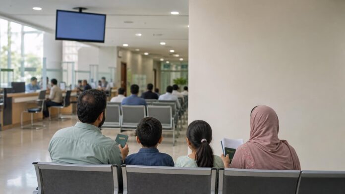 Family with passports and a document folder waiting at a Tasheer appointment in a Saudi visa service centre hall
