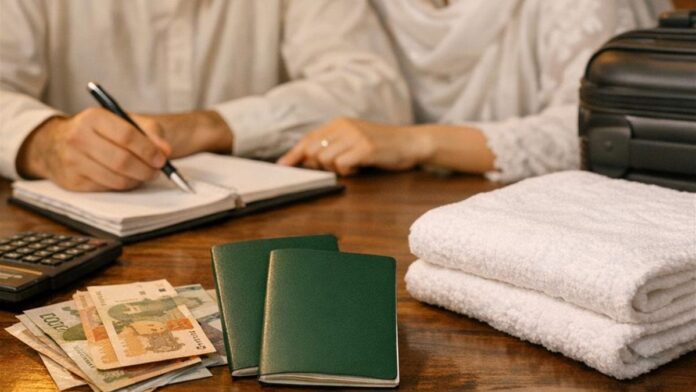 Pakistani couple planning their Umrah budget with green passports, rupees, a calculator and ihram cloth