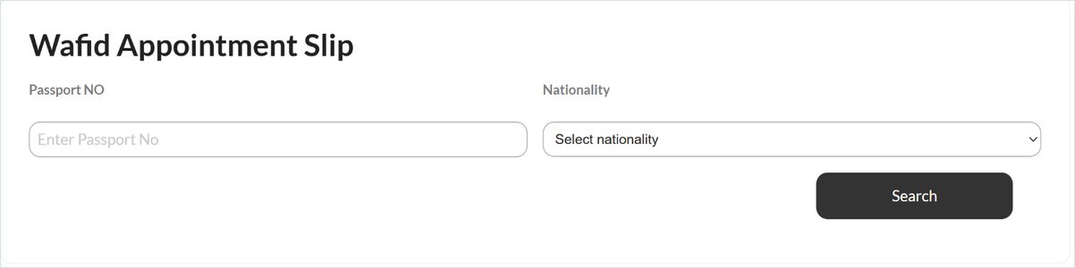 Wafid appointment slip search form with passport number and nationality