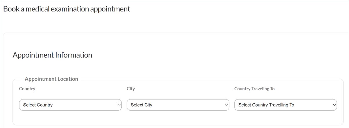 Wafid book a medical examination appointment form with country, city and country travelling to