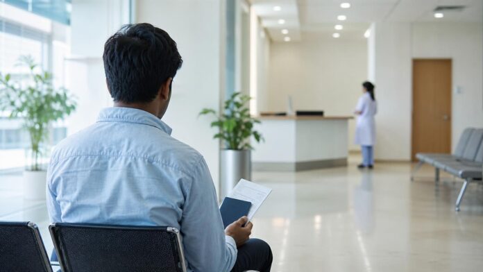 Job applicant with passport and Wafid slip waiting at a GCC-approved medical examination centre